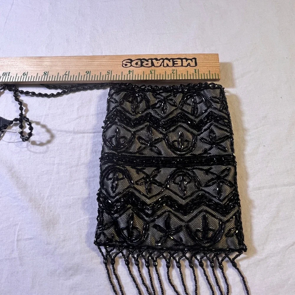 Indeed Black Beaded Lace Evening Clutch‎ Purse Bag Fringe Strap